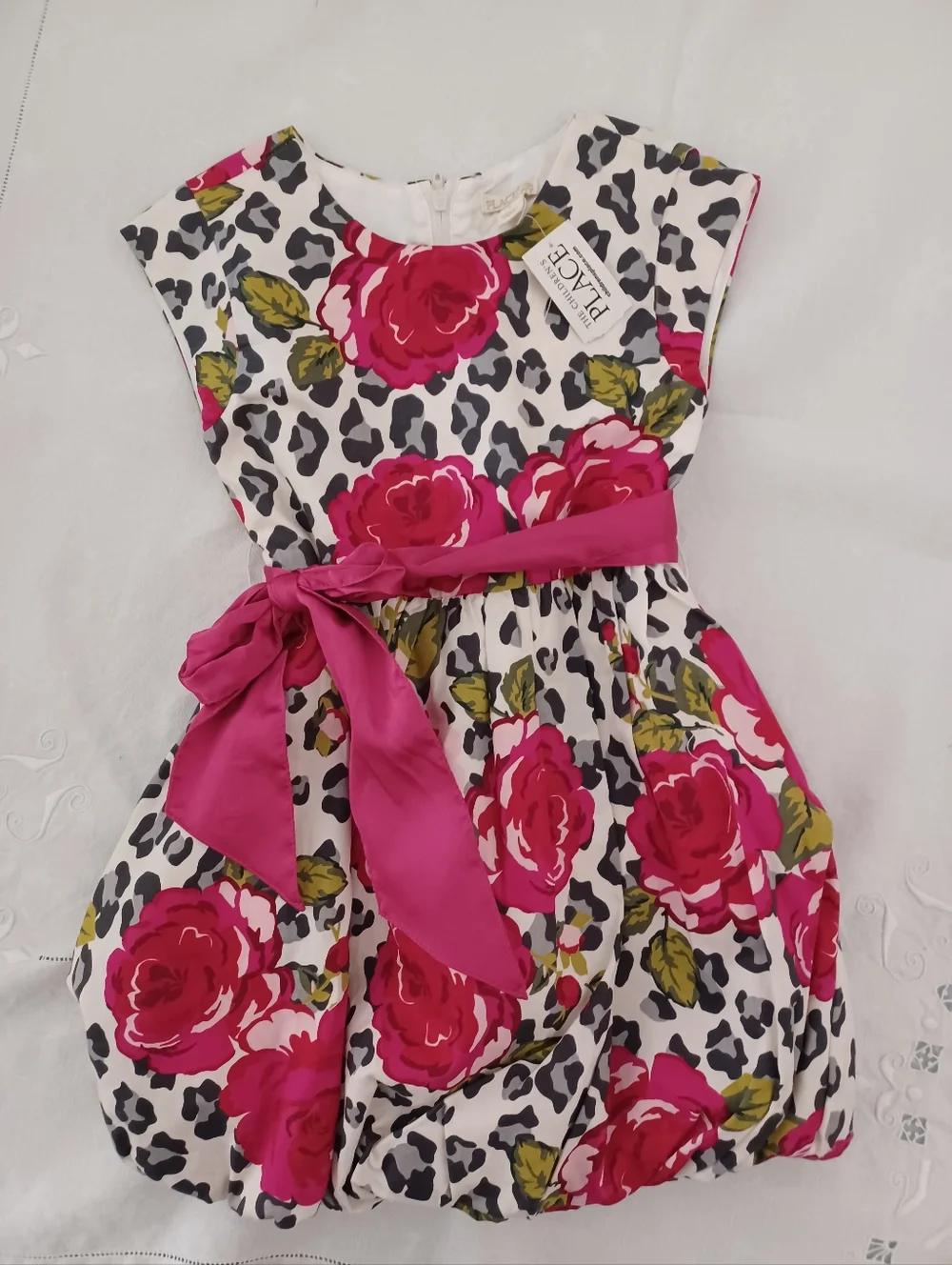 The Children's Place White Dress with Hot Pink Floral Print and Sash